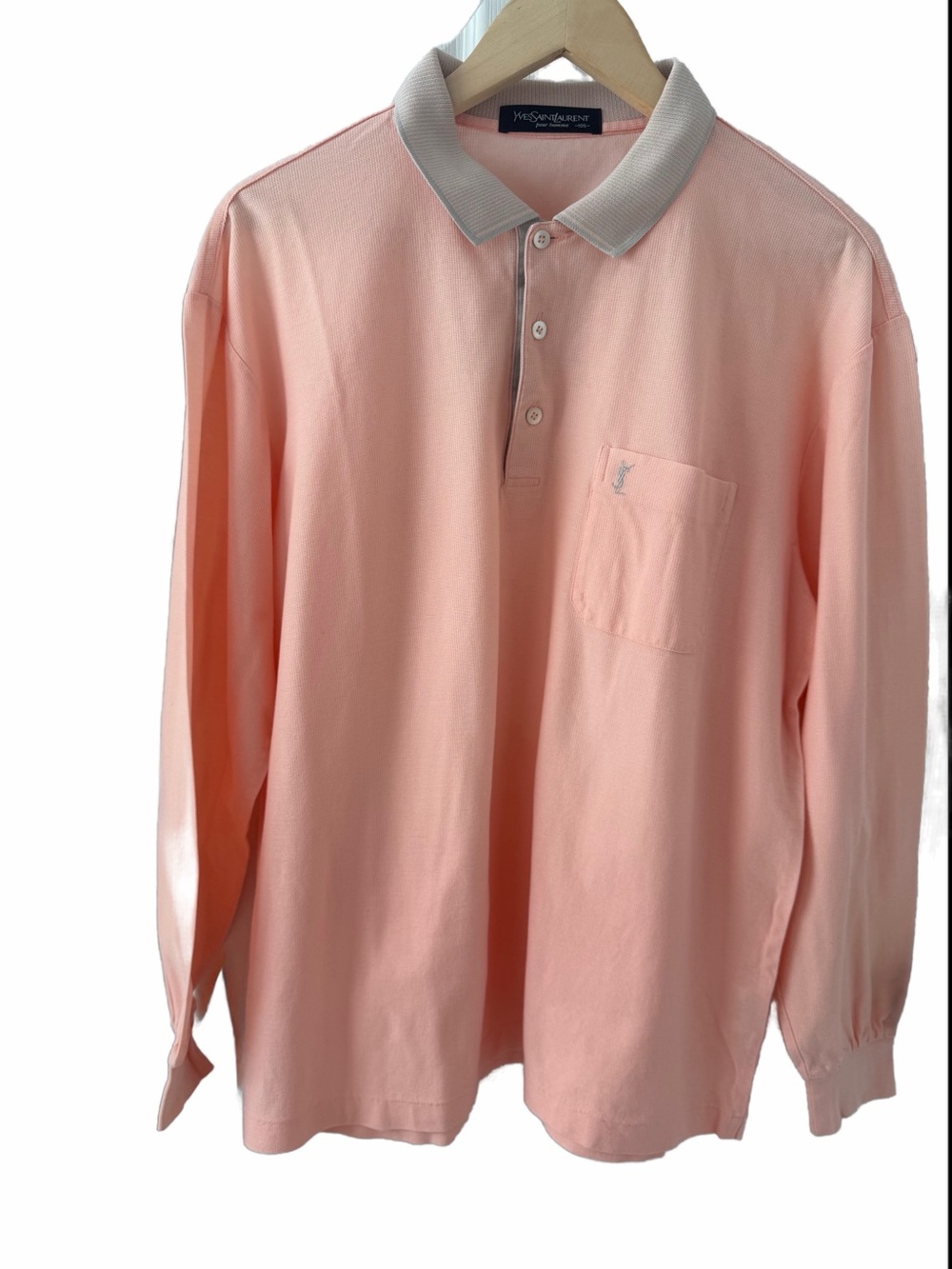 YSL Pour Homme Muted Pink & Grey Contrast Collar Long Sleeve Polo — Vintage